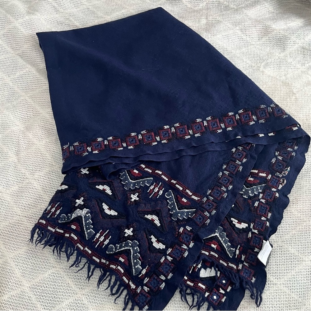 J. Crew 100% Wool Scarf dark blue navy with Red Embroidery